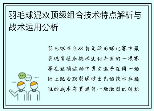 羽毛球混双顶级组合技术特点解析与战术运用分析