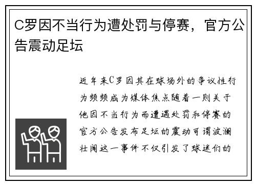 C罗因不当行为遭处罚与停赛，官方公告震动足坛