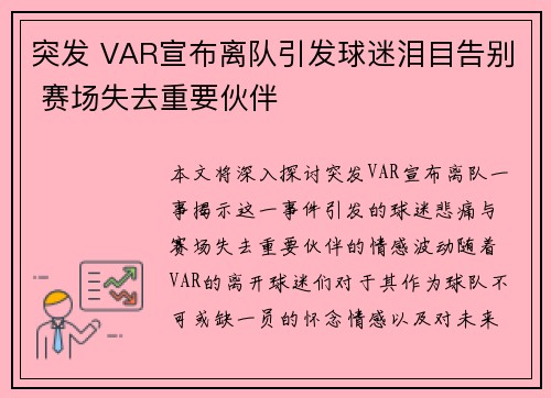 突发 VAR宣布离队引发球迷泪目告别 赛场失去重要伙伴