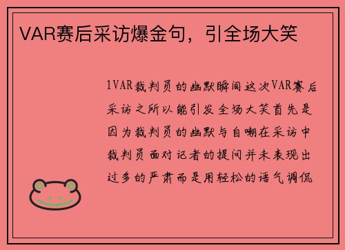 VAR赛后采访爆金句，引全场大笑