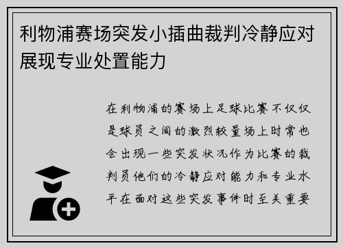 利物浦赛场突发小插曲裁判冷静应对展现专业处置能力 利物浦赛场突发小插曲裁判冷静应对展现专业处置能力